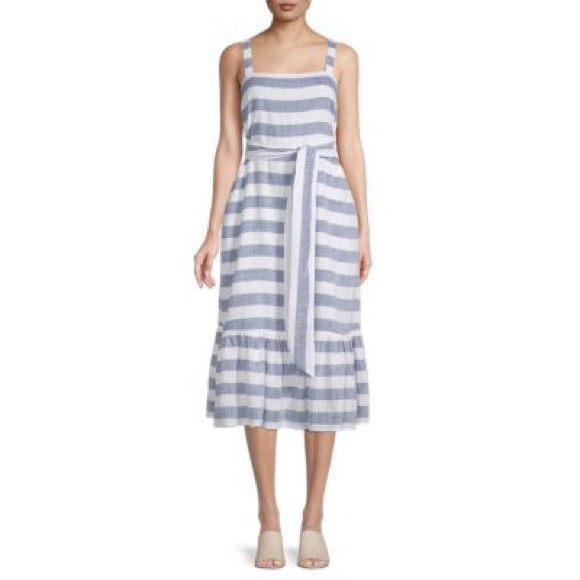 Chelsea & Theodore Belted Blue & White Sundress Flounce Ruffle Hem SZ M NEW - Picture 2 of 13